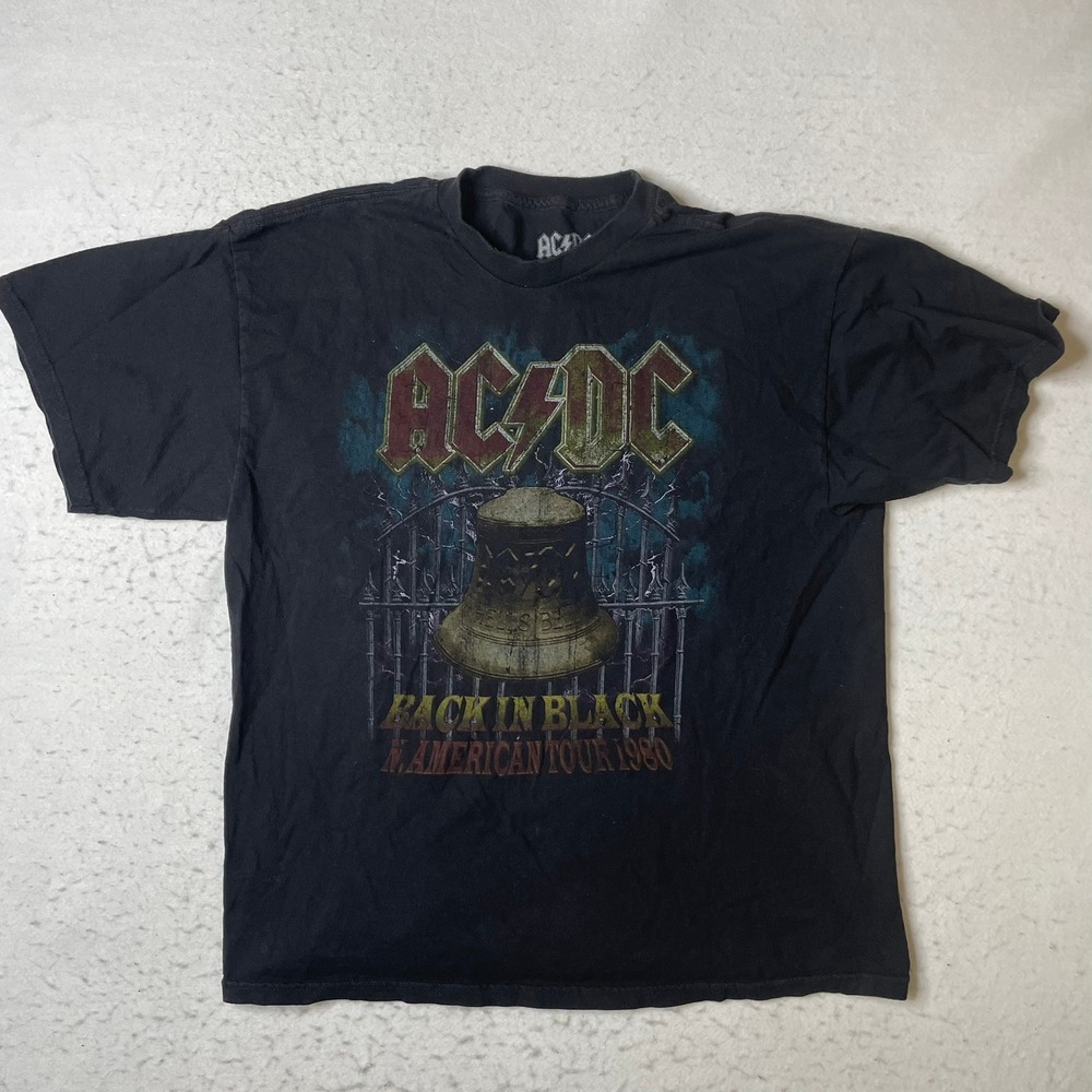 AC/DC Graphic T-Shirt Mens XL Black Back In Black American Tour 1980 Band Tee